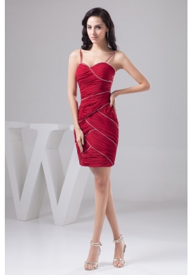 Dark Red Spaghetti Straps Ruched Beaded Prom Dress Mini-length