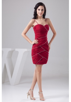 Dark Red Spaghetti Straps Ruched Beaded Prom Dress Mini-length