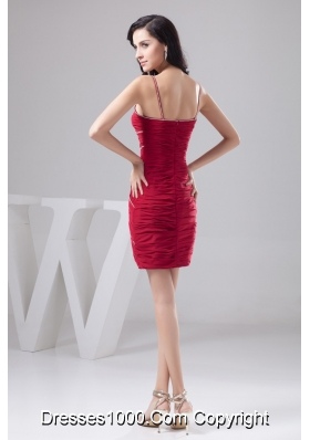 Dark Red Spaghetti Straps Ruched Beaded Prom Dress Mini-length