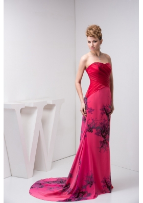 Exquisite Sweetheart Strapless Brush Train Prom Dresses with Print