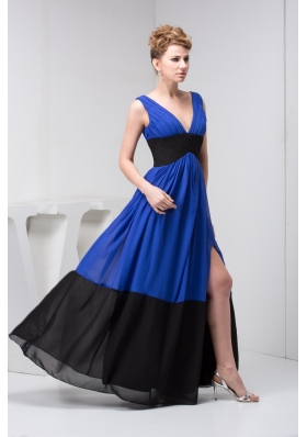 Floor-length V-neck Column Blue and Black Prom Dress with Ruche