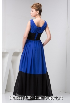 Floor-length V-neck Column Blue and Black Prom Dress with Ruche