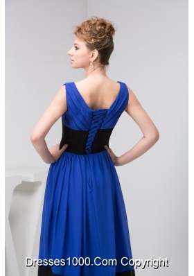 Floor-length V-neck Column Blue and Black Prom Dress with Ruche