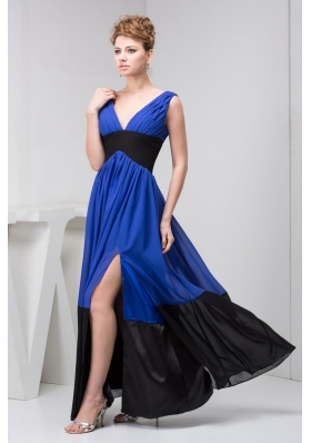 Floor-length V-neck Column Blue and Black Prom Dress with Ruche