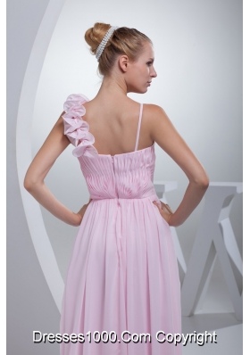 Flowers and Beading Accent Ruched Prom Gown Dress in Baby Pink