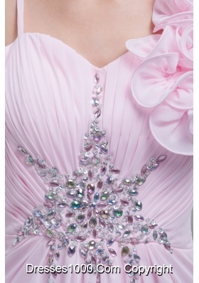 Flowers and Beading Accent Ruched Prom Gown Dress in Baby Pink