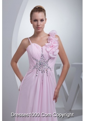 Flowers and Beading Accent Ruched Prom Gown Dress in Baby Pink