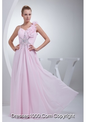 Flowers and Beading Accent Ruched Prom Gown Dress in Baby Pink