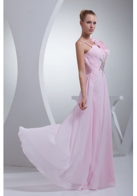 Flowers and Beading Accent Ruched Prom Gown Dress in Baby Pink