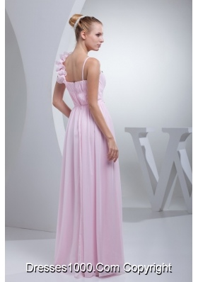 Flowers and Beading Accent Ruched Prom Gown Dress in Baby Pink