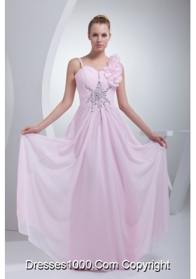 Flowers and Beading Accent Ruched Prom Gown Dress in Baby Pink