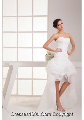 Flowers and Pick-ups Accent High-low Bridal Dresses with Court Train