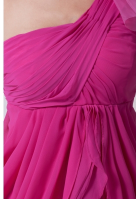 Flowery One Shoulder Decorate Fuchsia Prom Gowns with Ruffles