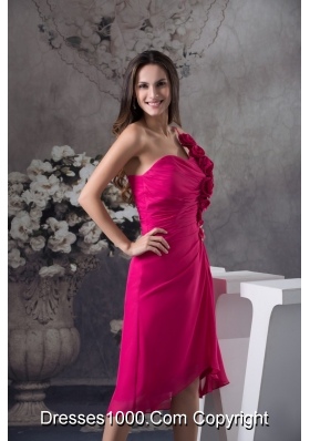 Fuchsia One Shoulder Knee-length Prom Dress with Handmade Flowers