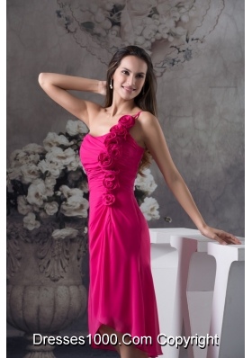 Fuchsia One Shoulder Knee-length Prom Dress with Handmade Flowers