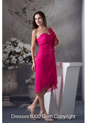 Fuchsia One Shoulder Knee-length Prom Dress with Handmade Flowers