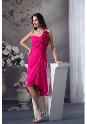 Fuchsia One Shoulder Knee-length Prom Dress with Handmade Flowers