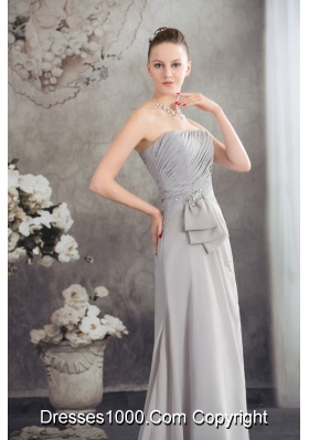 Half Bowknot and Beading Accent Ruched Grey Prom Graduation Dress