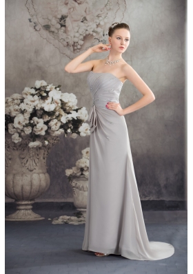 Half Bowknot and Beading Accent Ruched Grey Prom Graduation Dress