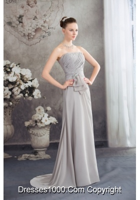 Half Bowknot and Beading Accent Ruched Grey Prom Graduation Dress