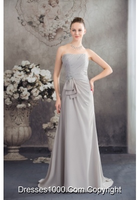 Half Bowknot and Beading Accent Ruched Grey Prom Graduation Dress
