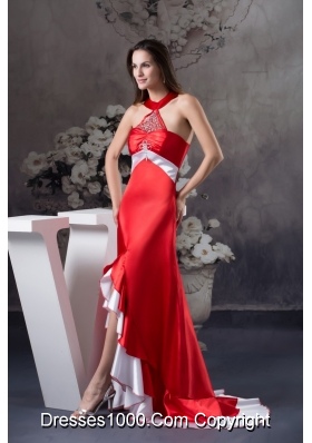 Halter Top High Low Prom Gown in Satin with Beading for Party