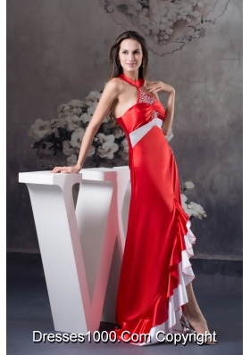 Halter Top High Low Prom Gown in Satin with Beading for Party