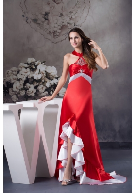 Halter Top High Low Prom Gown in Satin with Beading for Party