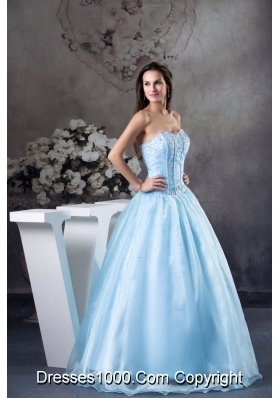 Light Blue Sweetheart Floor-length Organza Appliques and Beading Prom Dress