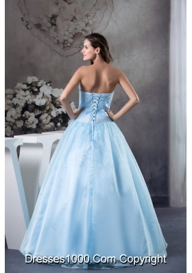 Light Blue Sweetheart Floor-length Organza Appliques and Beading Prom Dress