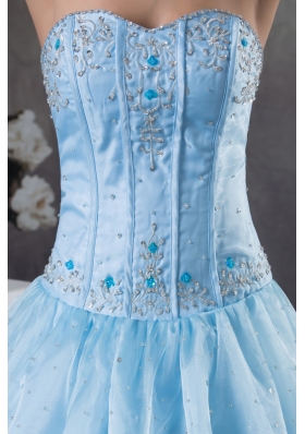 Light Blue Sweetheart Floor-length Organza Appliques and Beading Prom Dress