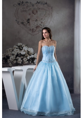 Light Blue Sweetheart Floor-length Organza Appliques and Beading Prom Dress
