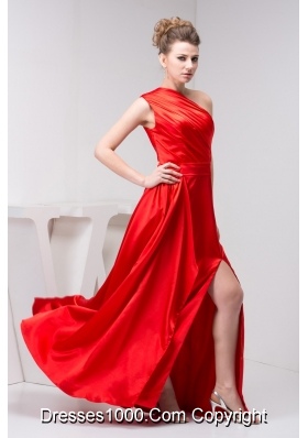 Low Price One Shoulder Red Slitted Ruched Prom Dress Floor-length