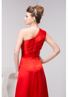 Low Price One Shoulder Red Slitted Ruched Prom Dress Floor-length