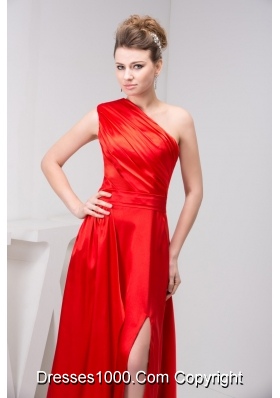 Low Price One Shoulder Red Slitted Ruched Prom Dress Floor-length