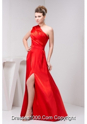 Low Price One Shoulder Red Slitted Ruched Prom Dress Floor-length