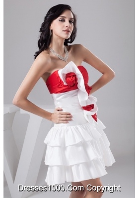 Mini-length Red and White Bridal Gowns with Flowers and Ruffled Layers