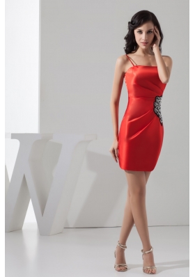 Mini-length Red Prom Evening Dress with Beading and Spaghetti Straps