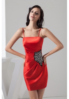 Mini-length Red Prom Evening Dress with Beading and Spaghetti Straps