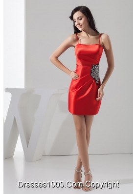 Mini-length Red Prom Evening Dress with Beading and Spaghetti Straps
