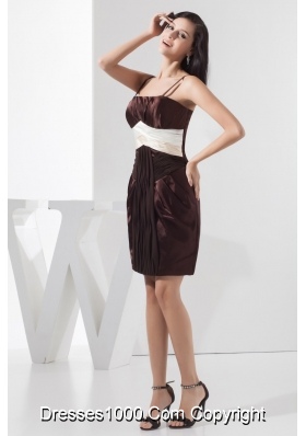 Mini-length Spaghetti Straps Ruched Chocolate Prom Dress Taffeta