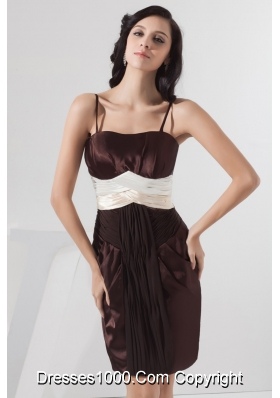 Mini-length Spaghetti Straps Ruched Chocolate Prom Dress Taffeta