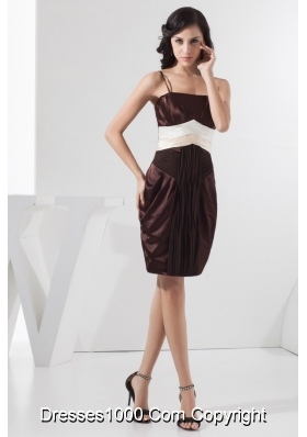 Mini-length Spaghetti Straps Ruched Chocolate Prom Dress Taffeta