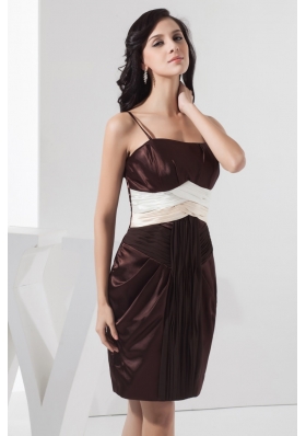 Mini-length Spaghetti Straps Ruched Chocolate Prom Dress Taffeta