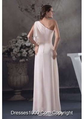 Peach One Shoulder Short Sleeves Chiffon Prom Dresses