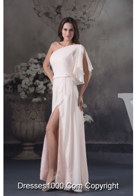 Peach One Shoulder Short Sleeves Chiffon Prom Dresses