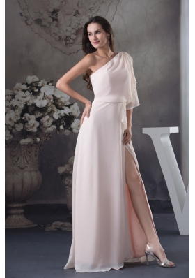 Peach One Shoulder Short Sleeves Chiffon Prom Dresses