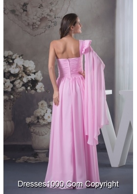 Pink One Shoulder Floor-length Prom Dress with Watteau Train