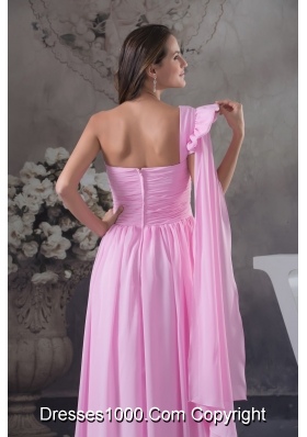 Pink One Shoulder Floor-length Prom Dress with Watteau Train