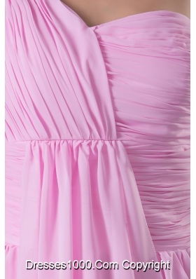 Pink One Shoulder Floor-length Prom Dress with Watteau Train